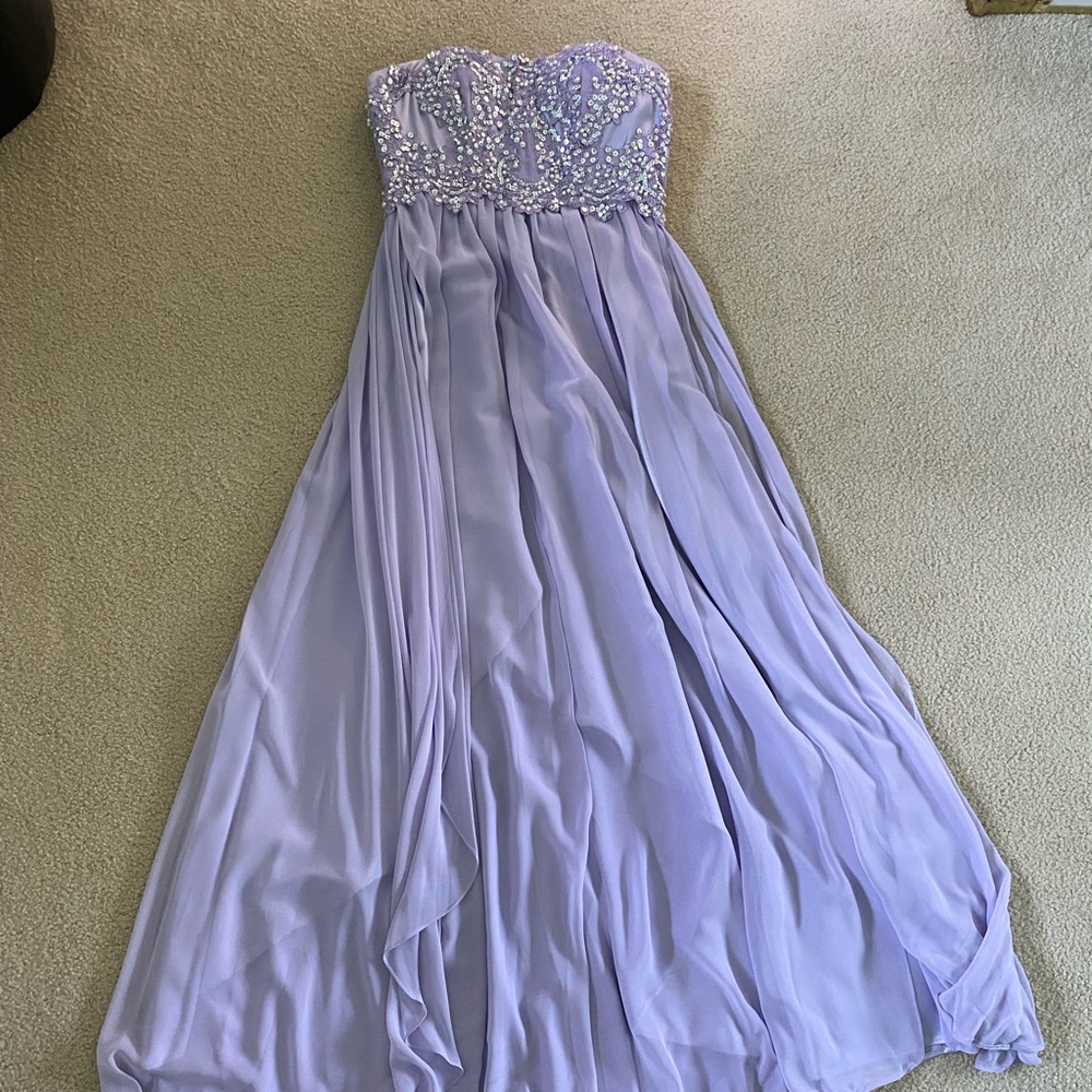 Lavender full length strapless prom dress w jewel detail